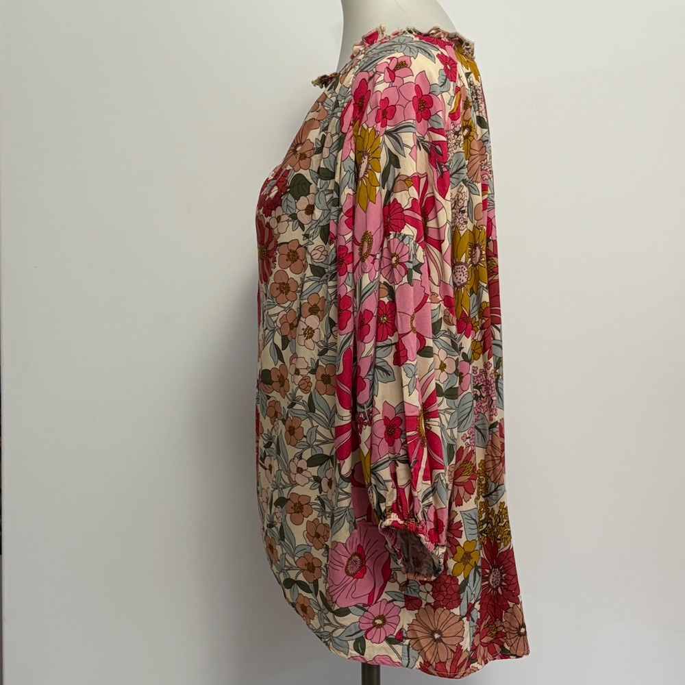Entro Floral Blouse Small Pink Mustard Retro Boho Ruffle V-Neck Cottagecore - Picture 3 of 8